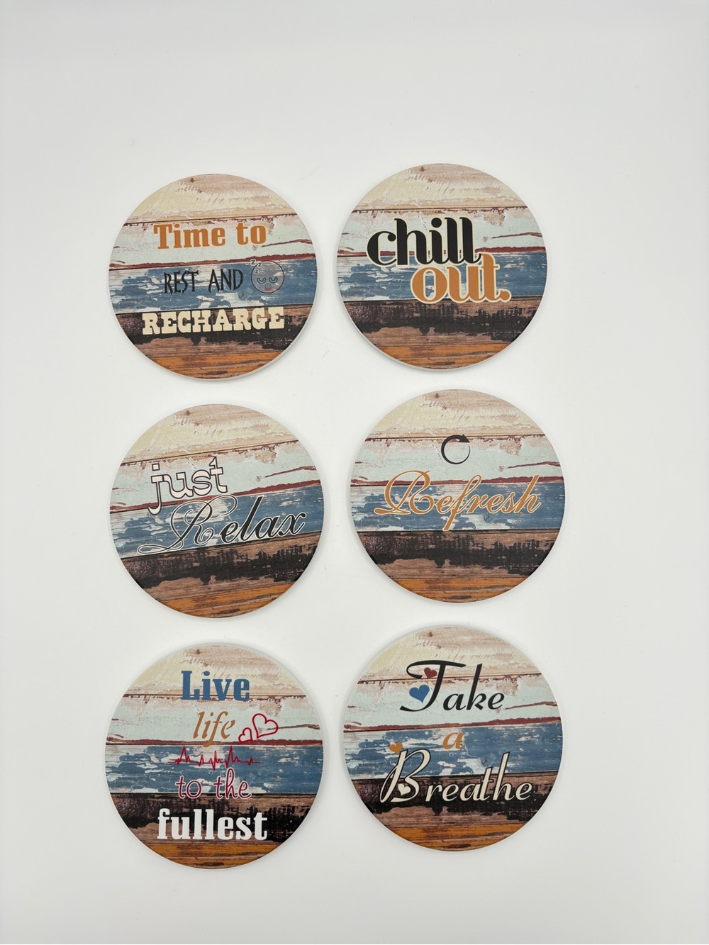 6 Absorbent Ceramic Coasters with Cork Backs and Holder Mindfulness Message